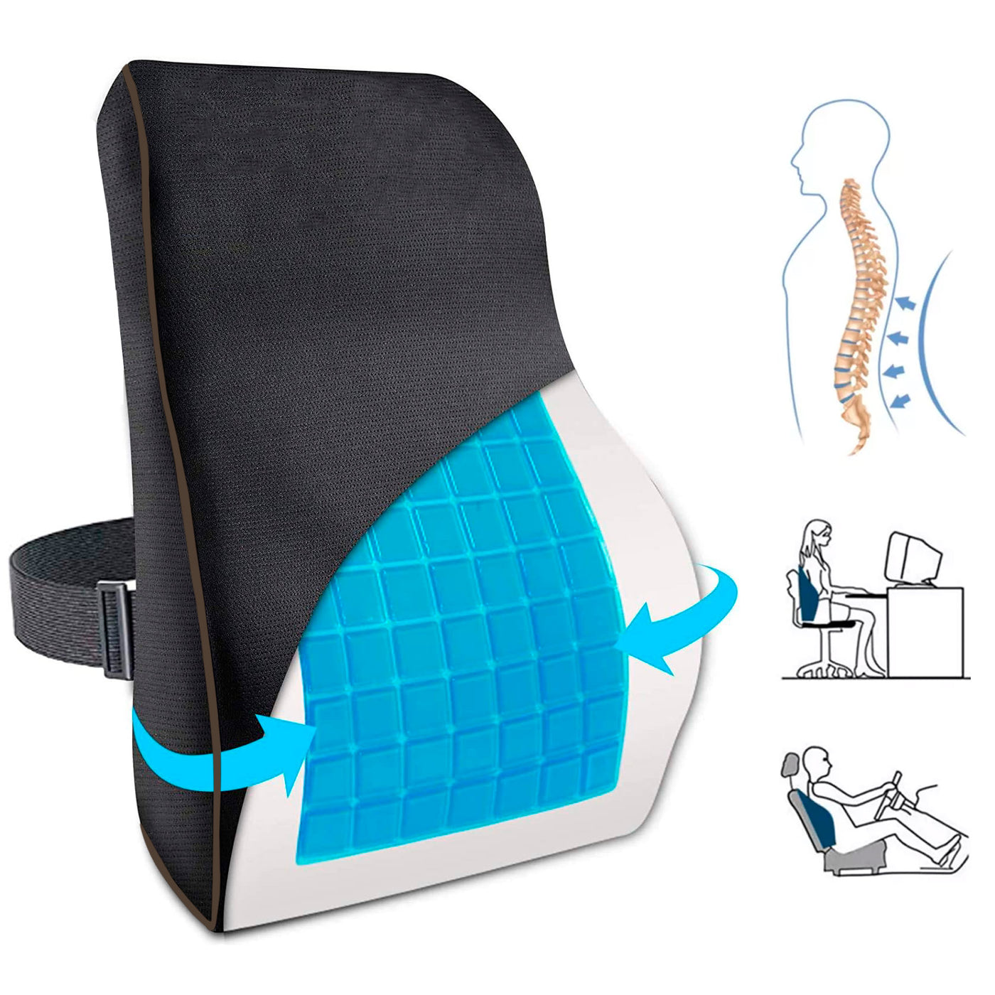 Cojin Respaldar Lumbar Viscoelástico con Gel y Funda