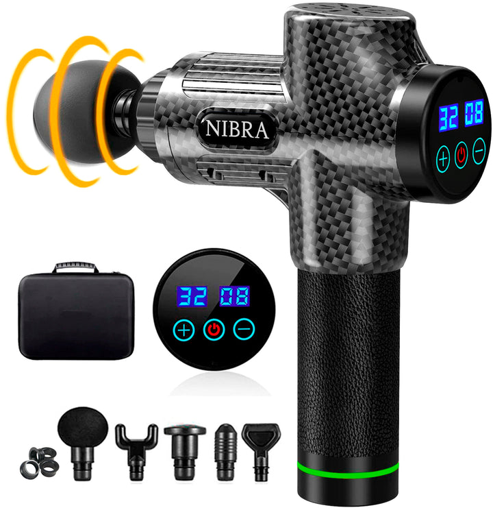 Pistola de Masaje Muscular Nibra Profesional 32 Niveles con Pantalla LCD – 5 Cabezales