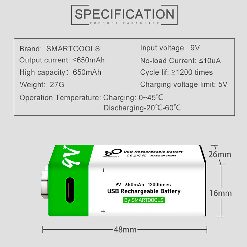 Batería Recargable de Litio 9V con Carga USB Tipo-C – Capacidad 650mAh