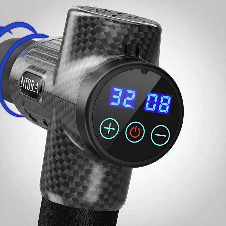 Pistola de Masaje Muscular Nibra Profesional 32 Niveles con Pantalla LCD – 5 Cabezales