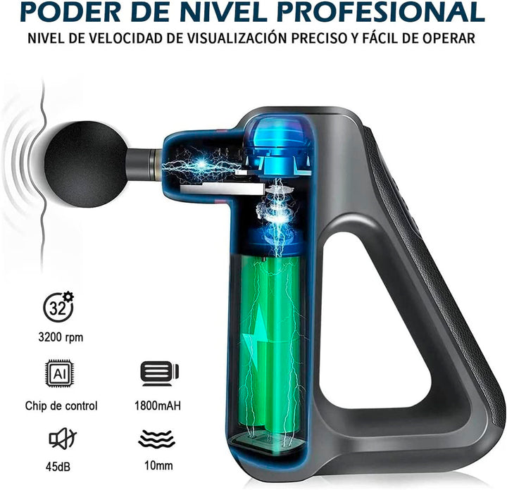Pistola de Masaje Triangular Recargable - 32 Niveles y 8 Cabezales