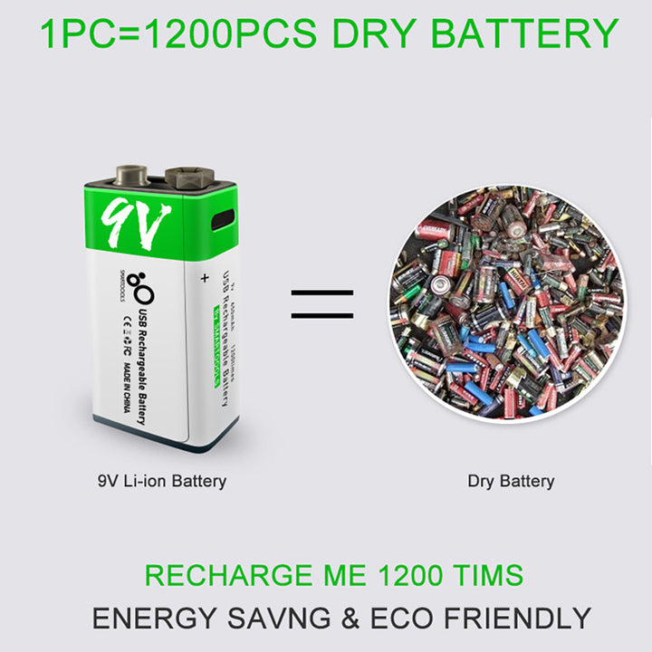 Batería Recargable de Litio 9V con Carga USB Tipo-C – Capacidad 650mAh