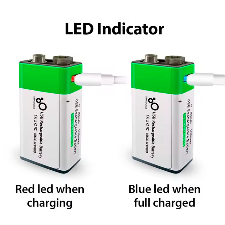 Batería Recargable de Litio 9V con Carga USB Tipo-C – Capacidad 650mAh