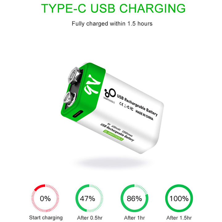 Batería Recargable de Litio 9V con Carga USB Tipo-C – Capacidad 650mAh