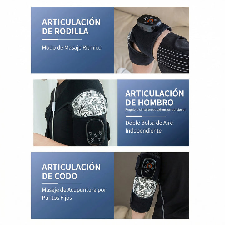 Masajeador 3 en 1 (Rodilla, Codo y Hombro) con Compresión de Aire + Calor 40–55°C + Vibración | Recargable USB-C