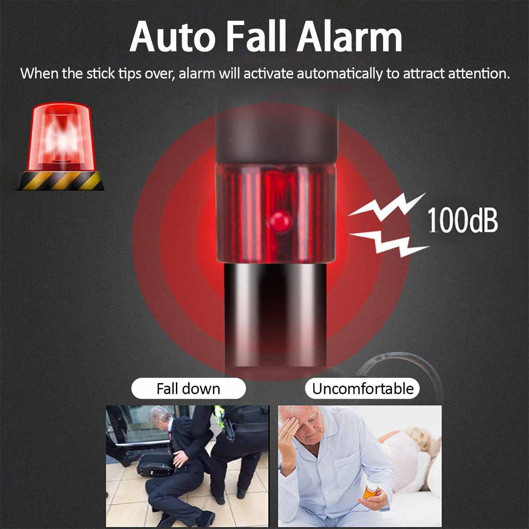 Bastón Inteligente ajustable de aluminio con luz LED, Linterna, Alarma y Radio